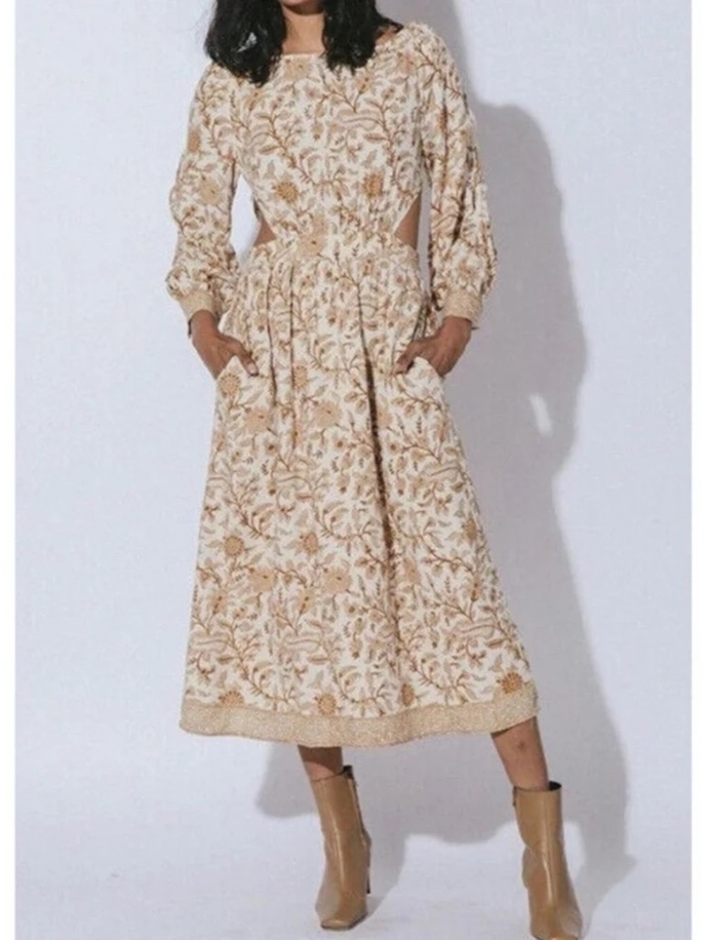 Cleobella Gracey Midi Dress Side Cutouts Autumn Block Print bohemian cottage S